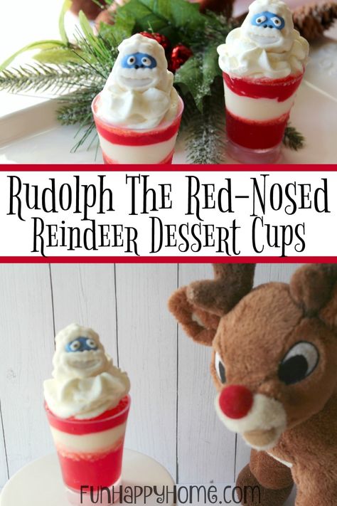 Rudolph Snowman, Movie Treats, Desserts Holiday, Snowman Cups, New Year's Desserts, Christmas Movie Night, Jello Desserts, Classic Christmas Movies, Abominable Snowman