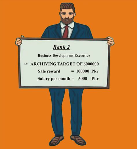 This Rank is for Business Development Executive. According to the given picture, Upon archiving Target of 6000000, He/she will get sale reward = 100000 PKR Salary per month = 5000 PKR Chief Executive Officer, Sales Manager, Business Development, Digital Marketing Agency, Marketing Agency, Digital Marketing, Target, Marketing