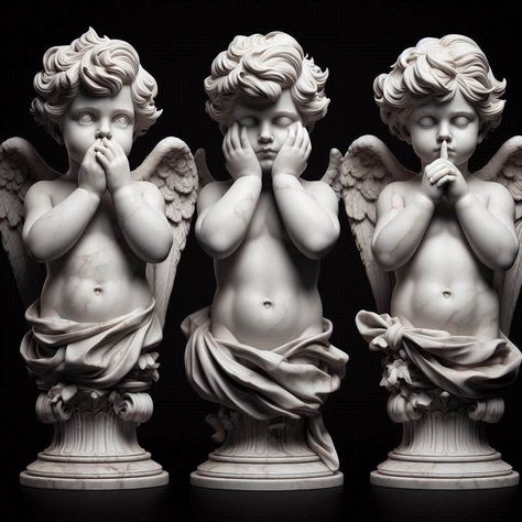 See No Evil Speak No Evil Tattoo Angels, Angel Baby Drawing, Praying Cherub, Angel Sculpture Art, Crying Angel, Cherub Art, Sugar Skull Artwork, Cherub Sculpture, Evil Tattoo