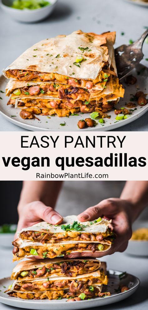 Quesadilla Taco, Vegan Quesadillas, Cashew Cheese Recipe, Vegan Refried Beans, Jackfruit Carnitas, Sweet Onions, Vegan Mexican Recipes, Pantry Ingredients, Cashew Cheese