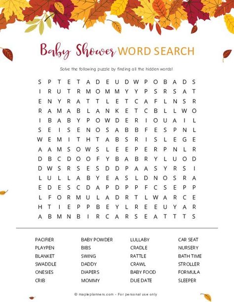 Fall Baby Shower Games Free Printable, Fall Baby Shower Games, Baby Shower Word Search, Fall Baby Shower Game, Fall Baby Shower Themes, Free Printable Baby Shower Games, Baby Shower Games Unique, Baby Shower Wording, Hidden Words