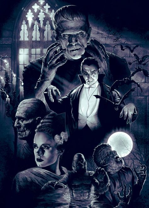 Universal Monsters Tattoo, Universal Monsters Art, Universal Horror, Dark Hero, Classic Horror Movies Posters, Classic Monster Movies, Tutorials Art, Frankenstein Art, Film Characters