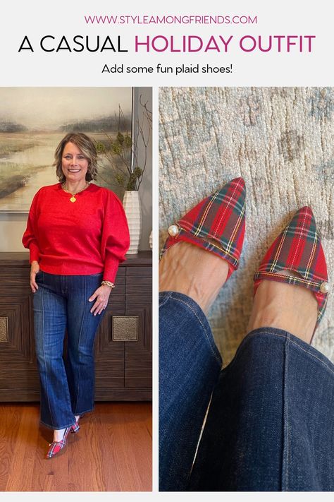 Stay stylish this holiday season -- we have something to wear for every event. 🎄✨⁠ Whether you're attending Thanksgiving dinner, going Christmas caroling, hosting a cocktail party, or ringing in the New Year, we've got you covered with 12 perfect outfits. Slip Skirt, Holiday Slip Skirt, Holiday Shoes, Plaid Shoes, Red Sweater Tartan Shoes Outfit, Plaid Flats Outfit, Plaid Shoes Outfit, Christmas Plaid Outfit, Plaid Skirt Outfits, Office Holiday Party Outfit, Christmas Closet, Bermuda Shorts Outfit, Red Sweater Outfit