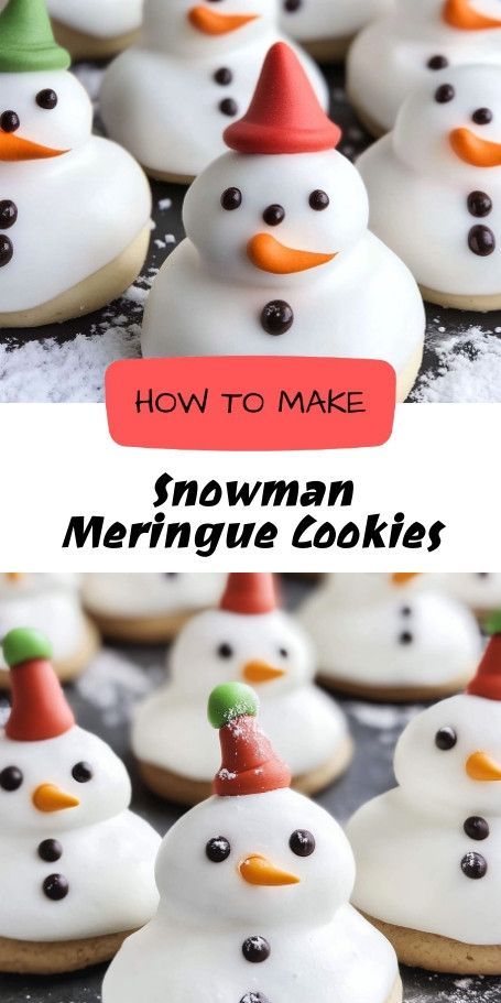 Festive Snowman Meringue Cookies - Light & Airy Holiday Treat Bring a frosty delight to your holidays with these Snowman Meringue Cookies! Perfectly light, sweet, and melt-in-your-mouth, they're ideal for festive gatherings or as cute edible gifts. Get creative with mini chocolate chips, colorful candy decorations, and surprise your guests with a delightful winter dessert! Meringue Snowman, Unique Dessert Ideas, Cookies Meringue, Cookies Light, Hearty Breakfasts, Winter Dessert, Recipes For Cookies, Simple Delicious Recipes, Snowman Cookies