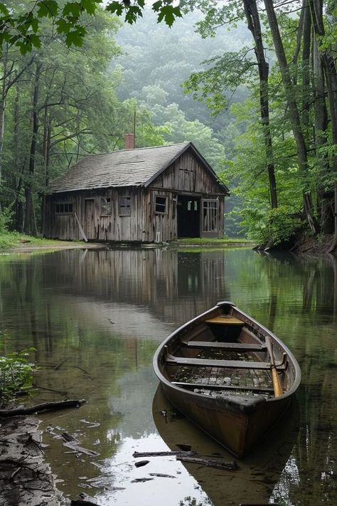 Cabin On Water, Lakefront Cabin, Cabin Wallpaper, Catherine Cowles, Boat Garage, Old Cabins, Old Cabin, Gum Trees, Fantasy Locations