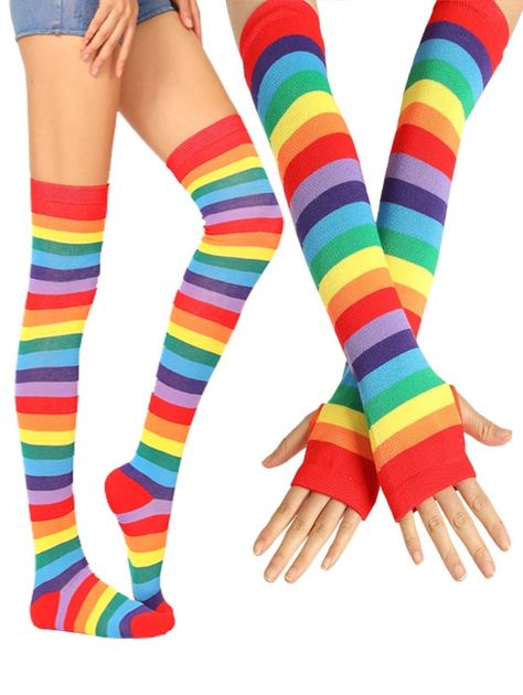 Rainbow Thigh High Socks Arm Gloves Set  BLACK PINK PURPLE RED VALENTINE RED YELLOW , #AD, #Socks, #Arm, #Gloves, #Rainbow, #Thigh #Ad Striped Thigh High Socks, Striped Knee High Socks, Striped Gloves, Rainbow Socks, Striped Stockings, Fingerless Mittens, Thigh High Socks, Striped Socks, Colorful Rainbow