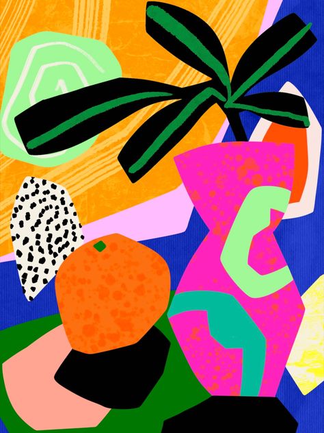 This a  bright, colourful still life of a plant in a pink vase and an orange fruit beside it. It is in an abstract style. Created in Procreate, it includes subtle texture in the brushwork. Colourful Still Life, Abstract Fruit, Organic Art, Still Life Fruit, Pink Vase, Wholesale Gifts, Orange Fruit, Eye Pillows, Abstract Styles