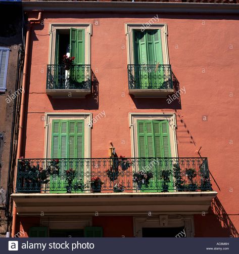 Rendered House, Green House Exterior, Green Shutters, White Shutters, House Colours, Rose House, Villas In Italy, Green Door, House Exteriors