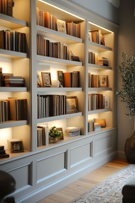 book-shelf-ideas Bookshelf With Crown Molding, Ceiling High Bookshelves, Built In Book Shelf Wall, L Shape Bookshelves, Built In Book Shelves Office, Sitting Room Shelving Ideas, Decorative Bookshelf Ideas, Whole Wall Shelving, Hallway Bookshelves Built Ins