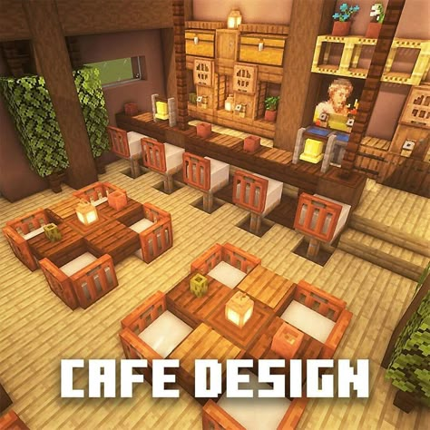 Mincraft Idea Cafe, Cute Minecraft Cafe Interior, Minecraft Brewing Area Ideas, Minecraft Cafe Layout, Minecraft House Schematic, Cafe Design Minecraft, Minecraft Cafe Tables, Restaurant Design Minecraft, Cafe Minecraft Inside