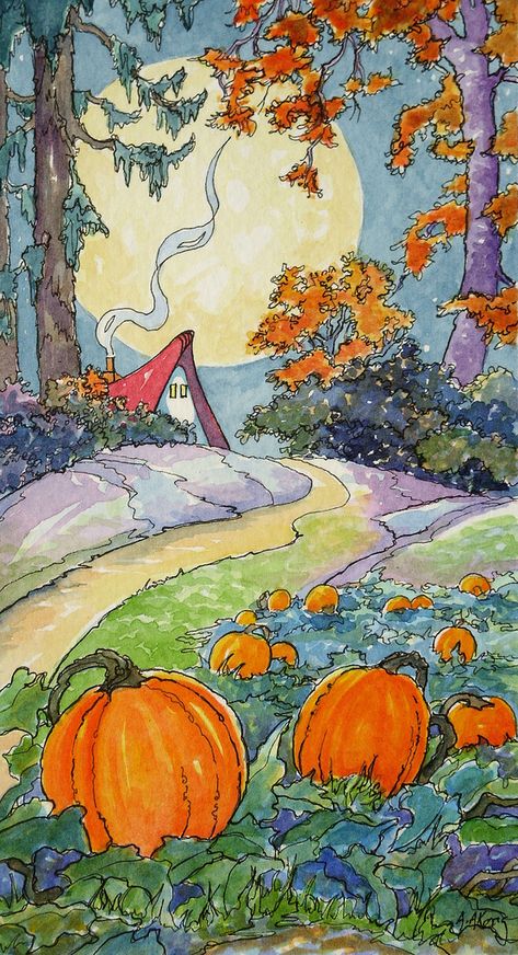 Pumpkin Moon, Cottage Painting, Storybook Art, Storybook Cottage, Cute Cottage, Rug Hooking Patterns, Cottage Art, Vintage Illustrations, Beginner Painting