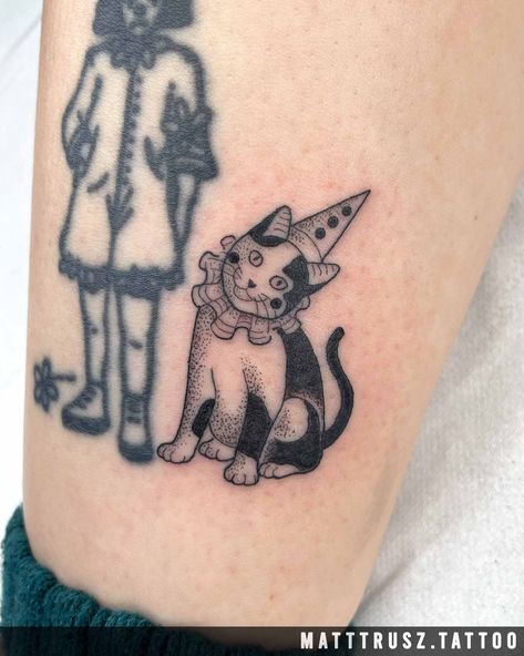 Clown Cat Tattoo, Two Headed Cat Tattoo, Clown Tattoos, Collar Tattoo, Clown Hat, Ruff Collar, Clown Tattoo, Dog Tattoo, Hair Color And Cut