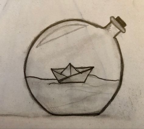 Pencil drawing of a bottled up boat floating on water Easy Sailboat Drawing, Boat In A Bottle Drawing, Boat On Water Drawing, Realistic Glass Drawing, Paper Boat Drawing, Co Nakreslit Easy, Easy Boat Drawing, Bottle Drawings, Boat Drawing Simple