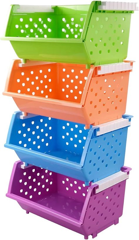 Amazon.com: Pekky 4-Pack Large Stackable Storage Bins, Colored Plastic Stacking Basket Potato Storage Bin, Stacking Basket, Stacking Bins, Potato Storage, Stacking Shelves, Shelf Bins, Stackable Bins, Kitchen Basket Storage, Utility Shelves