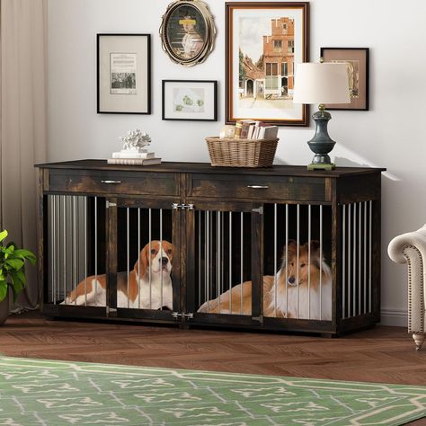 Crate time just became beautiful Kennel Tv Stand, Large Dog Crate Furniture, Double Dog Crate, Dog Crate Table, Furniture Style Dog Crate, Heavy Duty Dog Crate, Dog Pens, Wooden Dog Kennels, Wooden Dog Crate