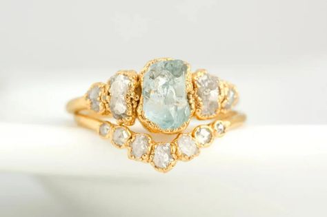 21 Rough Diamond Engagement Rings That Are One of a Kind Rough Diamond Engagement Ring, Diamond Alternative Engagement Ring, Romantic Beach Wedding, Grey Diamond Ring, Raw Diamond Rings, White Diamond Rings Engagement, Raw Diamond Engagement Rings, Raw Aquamarine, Alternative Engagement Ring