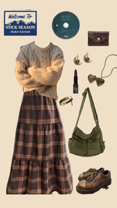 hozier outfit inspo, noah kahan, granola girl autumn, earth tones outfit inspo Earthy Colors Outfit, Camp Core Outfits, Granola Skirt Outfit, Granola Style Aesthetic, Simple Granola Outfits, Cozy Core Outfit, Noah Kahan Outfit, Cute Earthy Outfits, Hozier Inspired Outfits