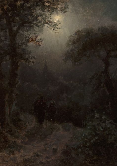 Pilgrims to the Moonlight by August Friedrich Piepenhagen (1791 - 1868) August Friedrich, Moody Wallpaper, Countryside Paintings, Dark Paintings, Moonlight Painting, Dark Landscape, Moody Art, Tinta China, Collage Background