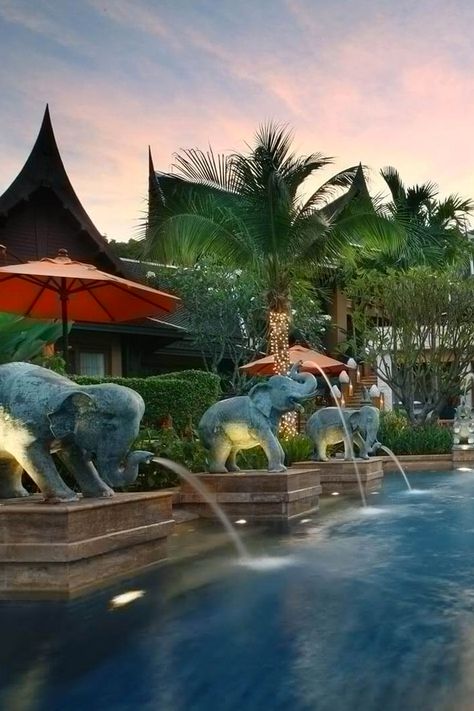 Elephant fountains besides the pool at Amari Vogue, Krabi Elephant Fountain, Traditional Fountain, Pool Design Modern, Water Fountain Design, Modern Fountain, Fall Container Gardens, Thailand Honeymoon, Elephant Home Decor, Zen Garden Design