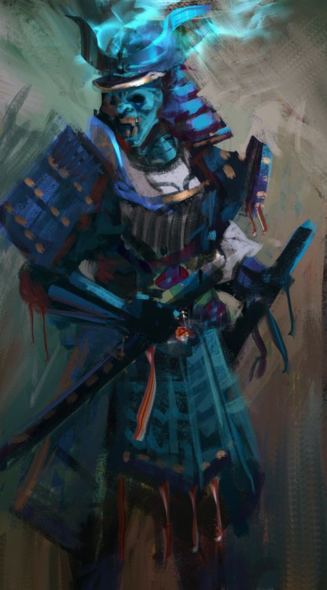 Blue Samurai Armor, Blue Samurai Wallpaper, Undead Samurai, Samurai Edge, Blue Oni, Blue Samurai, Characters Sketch, Oni Samurai, Photos Painting