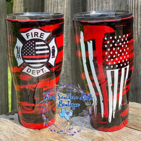 Firefighter Cup Ideas, Firefighter Tumbler Ideas, Firefighter Cups, Wood Slice Decorations, Custom Cup Ideas, Epoxy Mugs, Creative Coasters, Tumblers For Men, Firefighter Jacket