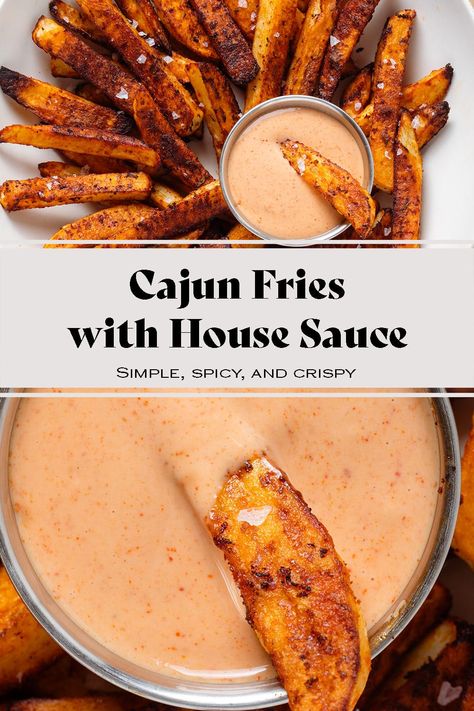 These Cajun Fries are crispy, and spicy, and go perfectly with the homemade House Sauce! They can be enjoyed on their own as an appetizer or snack for movie and game nights or served as a side with practically any dish. via @healthfulideas Cajun Fries Recipe, French Fry Seasoning, Dirty Fries, Cajun Fries, Cajun Sauce, Delicious Appetizer Recipes, Best Appetizer Recipes, Creole Recipes, Savory Sauce