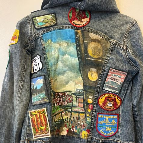 This Saturday!!!! Fall in love with that denim jacket again ❤️ join @jenndoeart as she leads a class in painting a beach scene on a denim jacket. 🌊. #thingstodotacoma #tacomawa #tacomaevents #craftyaf #roamtacoma #getcraftywithus #getcraftyafwithus Denim Jacket With Patches And Pins, Patched Jean Jacket, Patched Denim Jacket, Jacket Painting Ideas, Jean Jacket With Patches, Jacket With Patches, Denim Jacket With Patches, Patch Jacket, Denim Jacket Embroidery