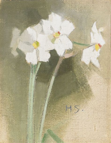 HELENE SCHJERFBECK  Finland 1862-1946 Narcisser Signerad HS. Olja eller tempera på duk fäst på pannå, 28 x 22 cm. Utförd säkerligen omkring 1900 Helene Schjerfbeck, Plein Air Paintings, Plant Illustration, Malbec, Flower Illustration, Tempera, Still Life Painting, Helsinki, Female Artists