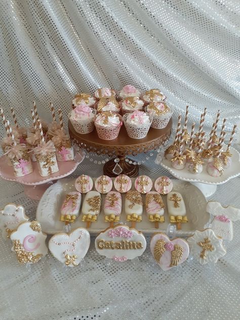 Baptism Dessert Ideas, Baptism Theme Ideas Girl, Bautizo Dessert Table, Pink Baptism Decorations, Baptism Cupcakes Girl, Baptism Candy Table, Baptism Sweet Table, Babtizum Party Ideas, Girl Baptism Ideas