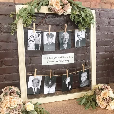 Old Picture Frame Wedding Ideas, In Loving Memory Ideas Display, Photo Memory Display Wedding, In Memory For Wedding Display, Memorial Pieces For Wedding, Memorial Service Reception Ideas, Memorial Wall For Wedding, Birthday Remembrance Ideas, Memorial Table For Class Reunion