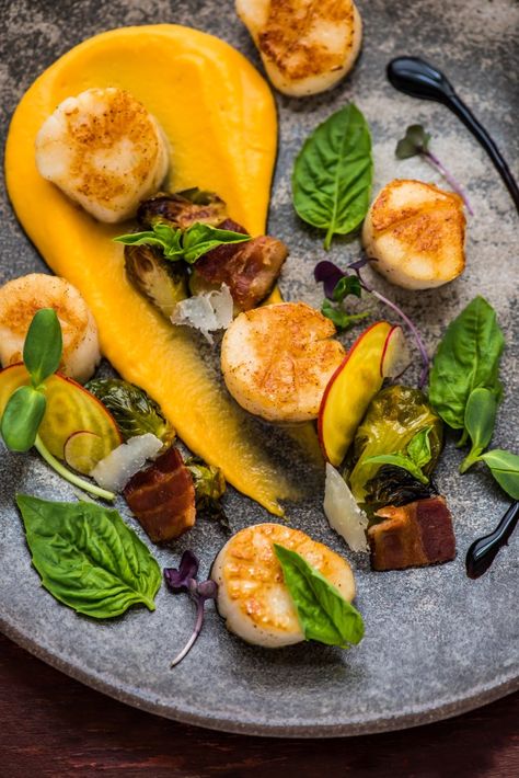 Low Carb Veggie, Bacon Brussels Sprouts, Sweet Potato Puree, Butternut Squash Puree, Squash Puree, Seared Scallops, Fine Dining Recipes, Scallop Recipes, Potato Puree