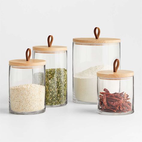 Tomos Complete Canister Set + Reviews | Crate & Barrel Large Glass Canisters, Modern Kitchen Canisters, Modern Drinking Glasses, Plastic Crates, Salt Box, Crate Barrel, Glass Canisters, Storage Canisters, Kitchen Sale