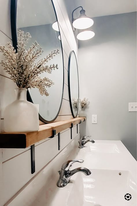 Master bathroom decor. @liketoknow.it @liketoknow.it.home #liketkit #LTKhome #LTKstyletip #LTKunder50 http://liketk.it/37TSv Shelf Above Sink, Shiplap Bathroom Wall, Farmhouse Bathroom Mirrors, Bathroom Design Small Modern, Bathroom Mirror With Shelf, Shiplap Bathroom, Vanity Shelves, Floating Shelves Bathroom, Wall Mirror With Shelf