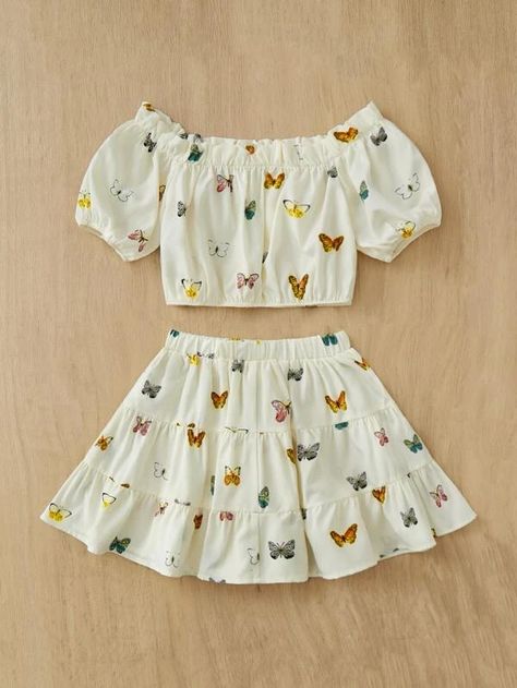 SHEIN Kids SUNSHNE Toddler Girls Butterfly Print Off Shoulder Top & Ruffle Hem Skirt | SHEIN USA Butterfly Outfit, Butterfly Clothes, Ruffle Skirts, Comfy Fall Outfits, Kids Dress Collection, Baby Clothes Patterns Sewing, Kids Blouse, Kids Dress Patterns, Kids Dress Wear