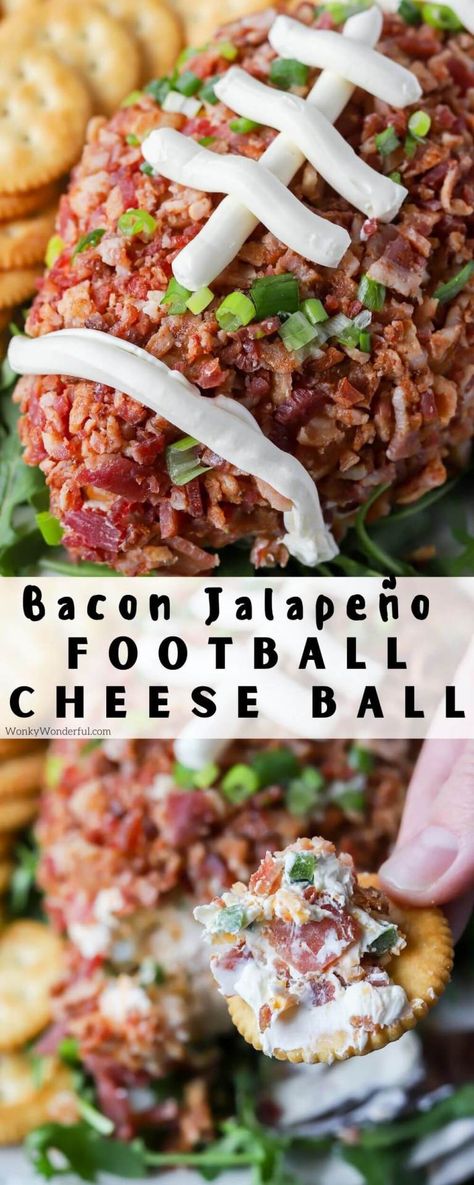 This Football Cheese Ball with Bacon and Jalapeño is a fun way to serve your favorite appetizer on game day. This cream cheese ball is filled with cheddar, jalapeño and bacon then shaped and coated with more bacon to look like a football. #cheeseball #superbowlrecipes #gamedayrecipes #appetizerrecipes Cheese Ball With Bacon, Football Cheeseball, Football Cheese Ball, Football Shaped Foods, Cheddar Cheese Ball, Football Appetizers, Dip Recipes Appetizers, Cream Cheese Ball, Appetizers For A Crowd