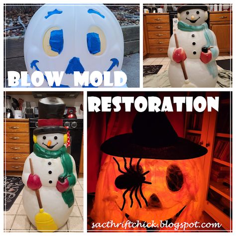 ❈Sac Thrift Chick❈: Restoring Vintage Blow Molds for the Holidays #blowmolds #vintageholidaydecorations #restoreblowmolds #paintblowmolds #halloweenblowmolds #christmasblowmolds Blow Mold Display, Blow Molds Christmas, How To Repaint Blow Molds, Diy Yard Decor, Thrifty Fashion, Halloween Blow Molds, Blow Molds, Furniture Upcycling, Diy Halloween Wreath