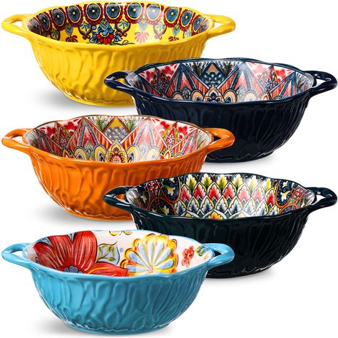 PRICES MAY VARY. Value Pack: you will receive 5 pieces of 32 oz large capacity ceramic bowls in different styles, all in bright and vibrant colors, with a beautiful vintage pattern to fill your table with beauty; You can not only buy them for your own use, but also can give your family and friends Quality Materials: these soup bowls are made of quality clay, after high temperature secondary firing, porcelain is thick, strong and reliable, with good thermal insulation effect, and the end is not h Cute Bowls, Ceramic Soup Bowls, Soup Bowls With Handles, Colorful Bowls, Pot Pies, Soup Bowl Set, Beautiful Bowls, Soup Bowls, Porcelain Bowl