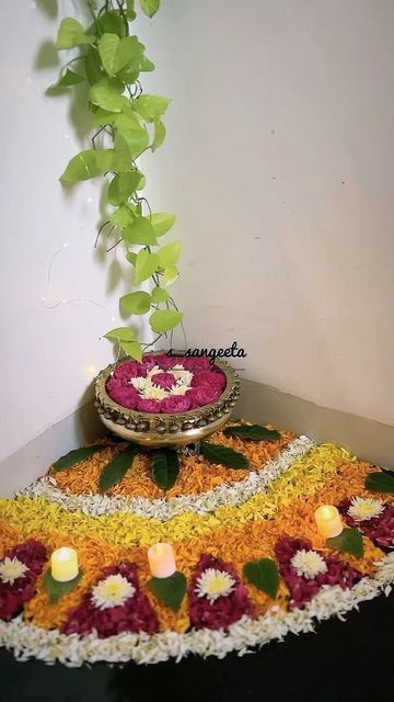 Stairs Decoration With Flowers, Flower Rangoli For Diwali Festivals, Corner Rangoli Designs With Flowers, Corner Flower Rangoli, Diwali Corner Decoration, Narak Chaturdashi Rangoli, Rangoli With Flowers, Stair Corner, Diwali Decoration Lights