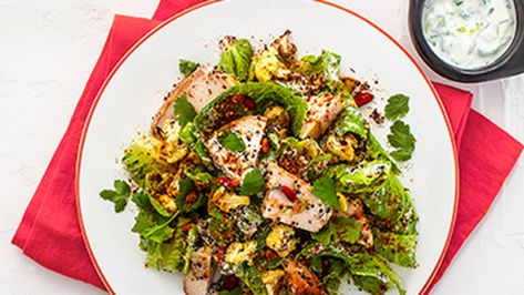 Peri Peri Chicken Salad with Lime and Yoghurt Dressing - NZ Herald Peri Peri Chicken Salad, Yoghurt Dressing, Peri Chicken, Mint Yogurt, Peri Peri Chicken, Large Salad, Yogurt Dressing, Peri Peri, Large Salad Bowl