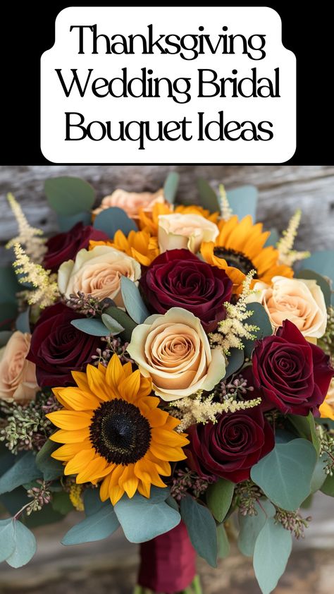 A beautiful Thanksgiving wedding bridal bouquet with autumn flowers like sunflowers, roses, and eucalyptus in warm fall colors. Roses With Sunflowers Bouquet, Sunflower And White Rose Bouquet, Sunflower Wedding Flower Arrangements, Roses And Sunflowers Wedding, Fall Wedding Sunflowers, Sunflowers With Roses, Sunflower And Rose Wedding, Sunflower And Roses Wedding, Sunflower And Rose Bouquet