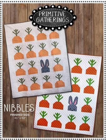 Nibbles Quilt Pattern presents a beautiful bunny rabbit in a field of cute carrot tops. Choose a cherished colorway to stitch together a cute critter among the crops. Includes foundation paper to make 30 half square triangles to complete the pattern.

Finished size: 41" x 53" Easter Quilts Wall Hangings, Easter Quilts, Carrot Tops, Printed Paper Pattern, Cute Carrot, Picnic Quilt, Mini Quilt Patterns, Bunny Quilt, Spring Quilts