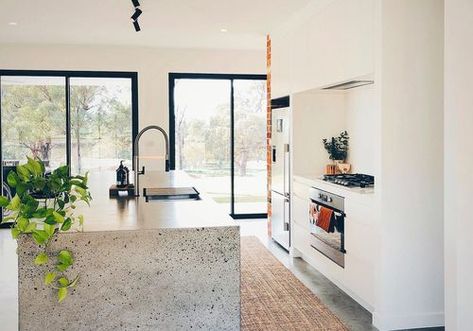 Concrete Benchtop Kitchen, Kitchens With Concrete Countertops, Kitchen Concrete Floor, Concrete Kitchen Counters, Modern Marble Kitchen, Concrete Kitchen Countertops, Concrete Kitchen Island, Kitchen Design Countertops, Concrete Countertops Outdoor Kitchen