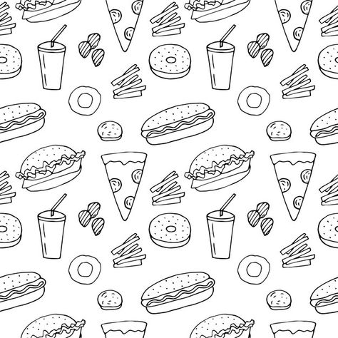 Fast food seamless pattern vector illust... | Premium Vector #Freepik #vector #burger-pattern #burger-sketch #burger-doodle #restaurant-doodle Fast Food Background Design, White Food Wallpaper, Fast Food Background Wallpapers, Burger Doodle Art, Food Doodle Art Illustrations, Food Pattern Design, Food Illustrations Vector, Restaurant Doodle, Food Doodle Art