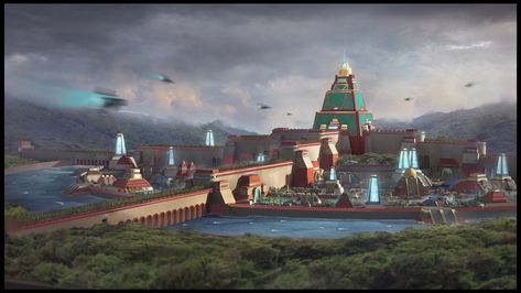 Aztec City Fantasy Art, Mayan City Concept Art, Aztec City Concept Art, Aztec Fantasy City, Mayan Concept Art, Mesoamerican Architecture, Aztec City, Mayan Architecture, Mayan Cities