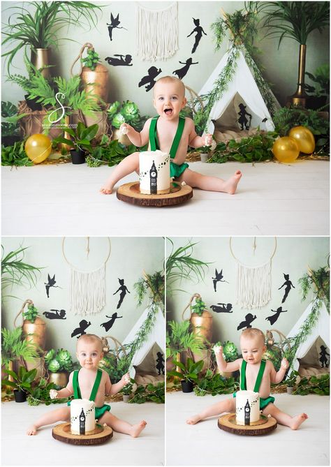 Peter Pan Photography, Peter Pan First Birthday Cake, Peter Pan Smash Cake 1st Birthdays, Onederland Peter Pan Birthday Party, Peter Pan Never Grow Up Birthday, Peter Pan Onederland Party, Peter Pan Cake Smash, Peter Pan Smash Cake, Peterpan Birthday Ideas