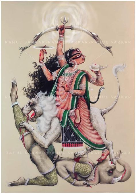 Jagadhatri Maa Drawing, Durga Maa Watercolor Painting, God Painting Indian, Durga Art, Buddhist Art Drawing, Bengali Art, Durga Painting, Indian Painting, Hinduism Art