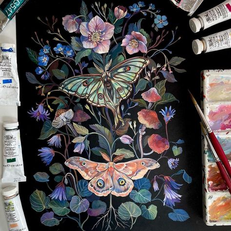 On Black Paper Art, Black Paper Art, Gouache Flowers, Poison Garden, Black Paper Drawing, Animal Illustration Art, Gouache Illustrations, Gouache Art, Sketchbook Art Journal