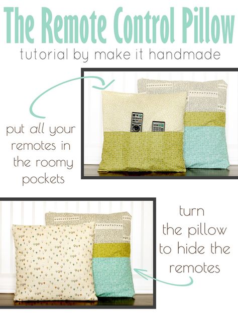 This free sewing tutorial is for the “Remote Control Pillow”.  What a fun way to keep your living room organized.  No more lost remote contr... Remote Caddy, Pretty Throw Pillows, Remote Control Holder, Remote Holder, Pocket Pillow, Pillow Tutorial, Sewing Tutorials Free, Sewing Pillows, Sewing Organization