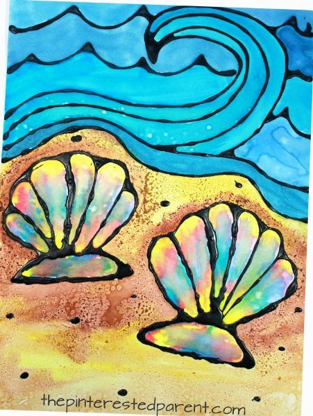 Ocean Art For Kids, Ocean Art Projects, Summer Camp Art, Summer Arts And Crafts, Salt Painting, Summer Art Projects, Black Glue, Glue Art, Silhouette Painting