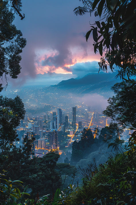 A stunning view of Bogotá, Colombia at dusk, with city lights illuminating the skyline and surrounding mountains. Bogota Colombia Aesthetic, Medellin Aesthetic, Columbia Bogota, Colombia Landscape, Bogota Colombia Travel, Colombia Aesthetic, Colombia Trip, Colombia Travel Guide, America Life